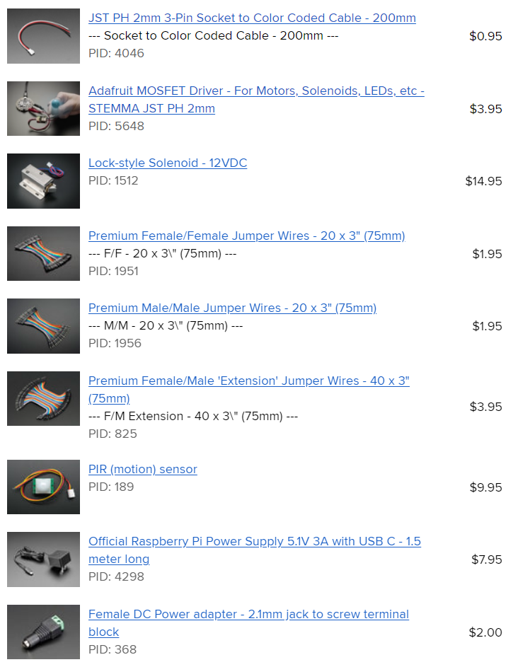 Adafruit bill of materials